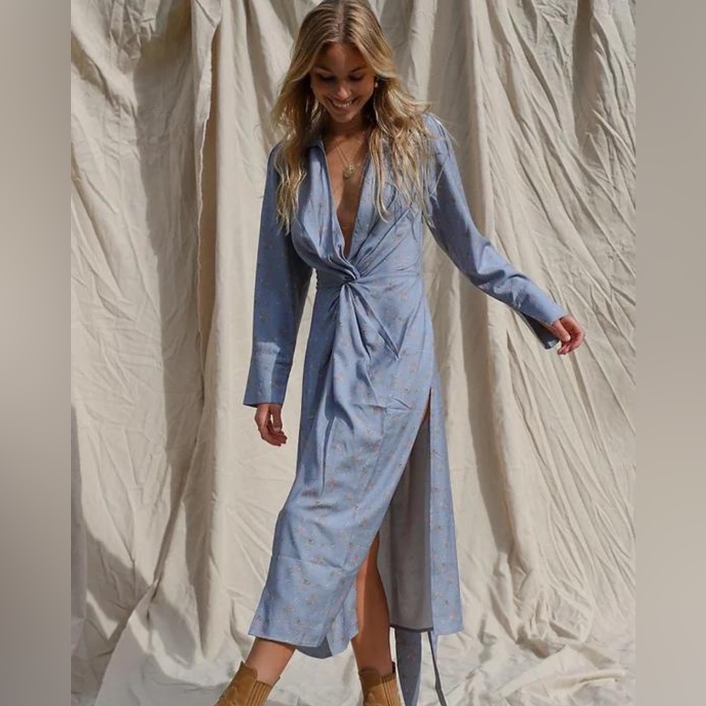 Jen's Pirate Booty *Colisse* washed blue floral midi wrap boho hippie dress XS